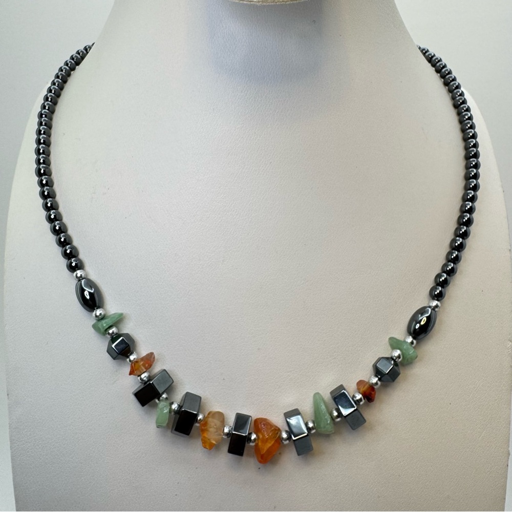 Hematite Aventurine Citrine Beaded Gemstone Necklace Boho Statement Nature
